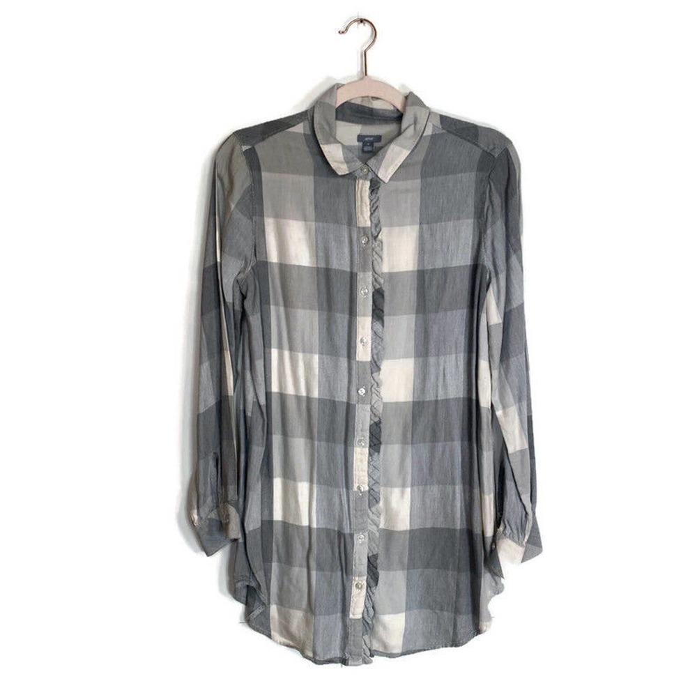 Aerie Soft Flannel Tunic Ruffle Button Shirt Gray White Sz M Lightweight Cozy